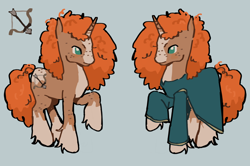 Size: 1280x848 | Tagged: safe, artist:sharky66, pony, unicorn, blaze (coat marking), body freckles, brave (movie), brown coat, clothes, coat markings, colored horn, colored muzzle, curly mane, curly tail, disney, disney princess, dress, duality, facial markings, female, fetlock tuft, freckles, gray background, green eyes, horn, leg fluff, leg freckles, long mane, long tail, mare, merida, orange mane, orange tail, ponified, profile, raised hoof, reference sheet, simple background, socks (coat markings), solo, splotches, standing, tail, unicorn horn, wingding eyes