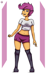 Size: 3888x6203 | Tagged: safe, artist:toxinagraphica, scootaloo, human, equestria girls, g4, clothes, cute, shorts, simple background, smiling, socks, solo, thigh highs