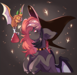 Size: 3367x3287 | Tagged: safe, artist:pledus, oc, oc:orange the bat, oc:peach velvet, bat, bat pony, fruit bat, bat pony oc, cute, female, hat, mare, pet, potion, witch hat