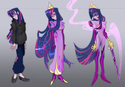 Size: 2048x1422 | Tagged: safe, artist:lizkaintrash, twilight sparkle, human, g4, bags under eyes, boots, clothes, crown, cutie mark on clothes, dress, evil twilight, eyeshadow, female, frown, gloves, gown, gradient background, humanized, jewelry, lidded eyes, light skin, long gloves, long hair, looking at you, looking away, magic, makeup, multicolored hair, older, older twilight, one eye covered, pants, purple eyes, regalia, shoes, shoulder pads, smiling, sparkly hair, straight hair, sweater, sweatpants, sword, thigh boots, tiara, triality, trio, trio female, uniform, weapon, wingding eyes
