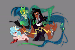 Size: 2048x1365 | Tagged: safe, artist:lizkaintrash, cozy glow, lord tirek, queen chrysalis, human, g4, bags under eyes, bangles, beard, black hair, black sclera, blue hair, bow, child, clothes, colored sclera, dress, evil grin, facial hair, fangs, female, gloves, green eyes, green sclera, grin, hair bow, high heels, humanized, legion of doom, light skin, lipstick, long hair, magic, male, muscles, narrowed eyes, nose piercing, nose ring, open mouth, pale skin, piercing, pink dress, pointing, red eyes, ringlets, septum piercing, sharp teeth, shiny hair, shoes, shoulder pads, smiling, tan skin, teal hair, teeth, trio, uniform, visor, wingding eyes, yellow eyes