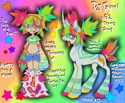 Size: 4096x3367 | Tagged: safe, artist:colorwurm, oc, oc only, oc:dj gumi, human, pony, unicorn, acne, adoptable, arm warmers, belly button, bra, clothes, coat markings, colored eyelashes, colored hooves, colored horn, concave belly, curved horn, duality, duo, duo female, ear piercing, earring, eye clipping through hair, facial piercing, fake tail, female, green coat, hair accessory, hairclip, headphones, heart, hooves, horn, human ponidox, jewelry, leg warmers, lidded eyes, light skin, long horn, long legs, looking back, mare, messy hair, messy mane, messy tail, multicolored eyes, multicolored hair, multicolored hooves, multicolored mane, nose piercing, open mouth, open smile, panties, piercing, pigtails, ponified, ponified oc, profile, rainbow background, self paradox, self ponidox, septum piercing, shirt, short shirt, shorts, smiling, stars, striped, striped horn, stripes, t-shirt, tail, tall, text, thong, tied hair, tied mane, trans female, transgender, transgender oc, underwear, unicorn oc, wall of tags, white text, wingding eyes