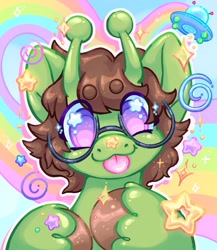Size: 1778x2048 | Tagged: safe, artist:ibbledribble, oc, oc only, unnamed oc, alien, alien pony, :3, :p, abstract background, alien pony oc, ambiguous gender, antennae, beanbrows, big ears, blue sclera, brown mane, colored eyebrows, colored hooves, colored sclera, commission, emanata, eye clipping through hair, eyebrows, eyebrows visible through hair, glasses, green coat, looking at you, profile picture, purple eyes, rainbow, raised hooves, round glasses, shiny hooves, shiny mane, short mane, smiling, smiling at you, solo, sparkles, sparkly eyes, starry eyes, stars, swirls, tongue out, ufo, unshorn fetlocks, wingding eyes