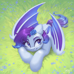 Size: 1955x1944 | Tagged: safe, artist:amishy, oc, oc only, bat pony, pony, bat wings, female, field, flower, flower in hair, lying down, mare, prone, smiling, solo, wings