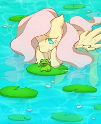 Size: 1109x1357 | Tagged: safe, artist:shinehop69, fluttershy, frog, pegasus, pony, g4, blush sticker, blushing, female, in water, leg fluff, lidded eyes, lilypad, long mane, long tail, looking down, mare, open mouth, open smile, partially submerged, pink mane, pink tail, smiling, solo, sparkly mane, sparkly tail, spread wings, swimming, tail, teal eyes, water, wavy mane, wavy tail, wet, wet mane, wet tail, wing fluff, wings, yellow coat