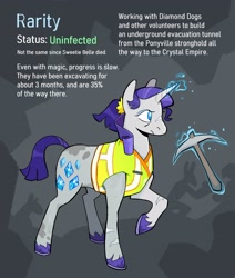 Size: 2800x3300 | Tagged: safe, artist:cracklewink, rarity, pony, unicorn, g4, female, harmony syndrome, horn, implied death, infection au, magic, mare, pickaxe, safety vest, scar, solo, telekinesis