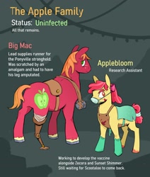 Size: 2800x3300 | Tagged: safe, artist:cracklewink, apple bloom, big macintosh, earth pony, pony, g4, amputee, bandage, blood, bolas, bow, clothes, duo, female, gloves, hair bow, harmony syndrome, implied death, male, mare, mask, mlp infection, prosthetic leg, prosthetic limb, prosthetics, stallion, surgical mask, unshorn fetlocks
