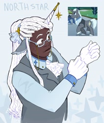 Size: 2800x3300 | Tagged: safe, artist:cracklewink, blue moon (g4), south pole (g4), human, pony, unicorn, g4, alternate name, clothes, dark skin, dreadlocks, freckles, glasses, gloves, horn, horn jewelry, horned humanization, humanized, jewelry, male, solo, stallion, waistcoat