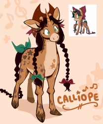 Size: 2500x3000 | Tagged: safe, artist:cracklewink, oc, oc only, oc:calliope, giraffe, hybrid, pony, unicorn, bow, braid, female, hair bow, hat, high res, horn, mare, solo, tail, tail bow