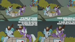 Size: 2000x1125 | Tagged: safe, edit, edited screencap, editor:quoterific, screencap, appointed rounds, rainy day, starlight glimmer, pegasus, pony, unicorn, g4, road to friendship, box, female, hoo'far's wagon, horn, mailpony, mare, river, wagon, water