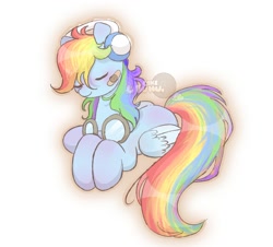 Size: 1475x1331 | Tagged: safe, artist:sesapastel, rainbow dash, pegasus, pony, g4, aviator goggles, band-aid, eyes closed, female, goggles, headphones, lying down, mare, prone, solo