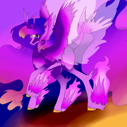 Size: 5800x5800 | Tagged: safe, artist:florarena-kitasatina/dragonborne fox, twilight sparkle, alicorn, pony, g4, absurd resolution, artificial wings, augmented, blank eyes, colored wings, edgy, flaming hooves, flowing mane, flowing tail, goddess, head wings, heterochromia, horn, magic, magic wings, mary sue, mary suefied, multicolored hair, multicolored wings, multiple horns, multiple wings, my eyes, raised hoof, simple background, tail, tail wings, third eye, wat, why, winged hooves, wings