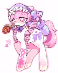 Size: 1614x2048 | Tagged: safe, artist:jojofassbender, oc, oc only, pony, unicorn, blushing, bonnet, bow, drill hair, female, flower, hair bow, heart, heart eyes, horn, mare, mouth hold, rose, simple background, tail, tail bow, teary eyes, white background, wingding eyes