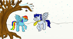 Size: 750x399 | Tagged: safe, artist:aynstainxpenelope, rainbow dash, soarin', pegasus, pony, g4, clothes, female, holly, holly mistaken for mistletoe, male, mare, scarf, ship:soarindash, shipping, snow, snowfall, stallion, straight, tree, winter