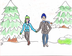 Size: 749x580 | Tagged: safe, artist:aynstainxpenelope, rainbow dash, soarin', human, g4, female, holding hands, humanized, male, ship:soarindash, shipping, snow, straight, winter