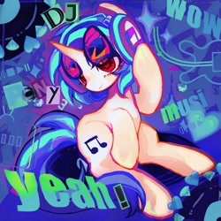 Size: 2048x2048 | Tagged: safe, artist:jojofassbender, dj pon-3, vinyl scratch, pony, unicorn, g4, abstract background, exclamation point, female, glasses, headphones, heart, high res, horn, mare, name, record, sitting, smiling, solo, sparkles, text, turned head, vinyl's glasses