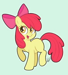 Size: 834x910 | Tagged: safe, artist:czscribbles, apple bloom, earth pony, pony, g4, adorabloom, blank flank, cute, female, filly, foal, green background, open mouth, raised hoof, simple background, solo