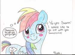 Size: 827x602 | Tagged: safe, artist:aynstainxpenelope, rainbow dash, pegasus, pony, g4, blushing, female, implied shipping, implied soarin', implied soarindash, implied straight, mare, traditional art