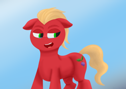 Size: 3508x2480 | Tagged: safe, artist:samenandsam, sprout cloverleaf, earth pony, pony, g5, crying, gradient background, high res, looking back, male, open mouth, open smile, smiling, solo, stallion, teary eyes