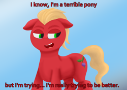 Size: 3508x2480 | Tagged: safe, alternate version, artist:samenandsam, sprout cloverleaf, earth pony, pony, g5, caption, crying, dialogue, english, gradient background, high res, looking back, male, open mouth, open smile, smiling, solo, stallion, teary eyes, text