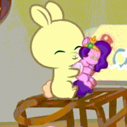 Size: 600x600 | Tagged: safe, edit, edited screencap, screencap, pipp petals, pegasus, pony, rabbit, cracked it, g5, my little pony: tell your tale, spoiler:g5, spoiler:my little pony: tell your tale, spoiler:tyts02e09, animal, animated, baby rabbit, cute, daaaaaaaaaaaw, doll, female, hasbro is trying to murder us, loop, sitting, toy, weapons-grade cute