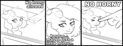 Size: 1280x485 | Tagged: safe, artist:alunedoodle, oc, oc only, oc:whiskey dreams, demon, demon pony, human, ><, boop, chest fluff, choker, comic, eyes closed, frown, horny, monochrome, nose wrinkle, smiling, wavy mouth