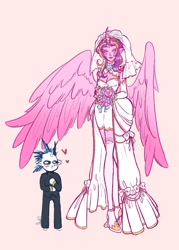 Size: 1463x2048 | Tagged: safe, artist:aankles2, princess cadance, shining armor, human, g4, 2024, alicorn humanization, alternate hairstyle, blood, blushing, bouquet of flowers, breasts, cleavage, clothes, dress, duo, duo male and female, female, floating heart, flower, heart, height difference, horn, horned humanization, humanized, larger female, looking at you, looking sideways, male, meme, messy hair, nosebleed, pants, pony coloring, ship:shiningcadance, shipping, simple background, size difference, smaller male, smiling, straight, suit, the bride and the ugly ass groom, toy interpretation, veil, wedding dress, wedding veil, winged humanization, wings