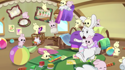 Size: 1316x739 | Tagged: safe, screencap, eggmund bunny, pipp petals, rabbit, cracked it, g5, my little pony: tell your tale, spoiler:g5, spoiler:my little pony: tell your tale, spoiler:tyts02e09, animal, baby, baby rabbit, plushie, toy