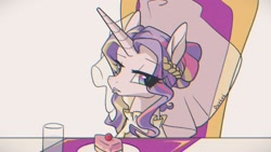 Size: 2000x1125 | Tagged: safe, artist:duvivi, part of a set, princess cadance, alicorn, pony, g4, 2024, cadance is not amused, cake, chair, chromatic aberration, clothes, crossing the memes, dress, female, food, glass, gradient iris, grainy, horn, lidded eyes, looking at you, mare, meme, plate, simple background, solo, the bride and the ugly ass groom, unamused, veil, wedding dress, wedding veil, white background, woman yelling at a cat