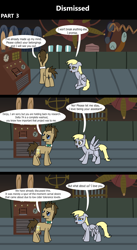 Size: 1920x3516 | Tagged: safe, artist:platinumdrop, derpy hooves, doctor whooves, time turner, earth pony, pegasus, pony, comic:dismissed, g4, 3 panel comic, alternate timeline, bowtie, comic, commission, crying, dialogue, doctor whooves' lab, dumped, duo, duo male and female, ears back, female, fired, floppy ears, folded wings, frantic, frown, happy, heartbreak, indoors, lab, laboratory, looking at each other, looking at someone, looking away, machine, machinery, male, mare, open mouth, pleading, sad, sitting, speech bubble, spread wings, stallion, talking, tears of sadness, teary eyes, this will not end well, walking, wings, wings down