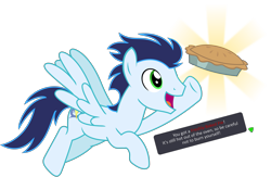 Size: 4011x2615 | Tagged: safe, artist:sketchmcreations, soarin', pegasus, pony, g4, flying, food, male, open mouth, open smile, pi day, pie, raised hoof, simple background, smiling, solo, spread wings, stallion, text, that pony sure does love pies, the legend of zelda, transparent background, vector, wings