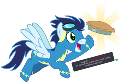 Size: 4011x2615 | Tagged: safe, alternate version, artist:sketchmcreations, soarin', pegasus, pony, g4, clothes, flying, food, goggles, goggles on head, male, open mouth, open smile, pi day, pie, raised hoof, simple background, smiling, solo, spread wings, stallion, text, that pony sure does love pies, the legend of zelda, transparent background, uniform, vector, wings, wonderbolts uniform