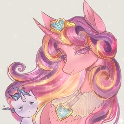 Size: 1280x1280 | Tagged: safe, artist:rif, princess cadance, shining armor, alicorn, pony, unicorn, g4, 2024, alternate hairstyle, bags under eyes, duo, duo male and female, female, height difference, horn, jewelry, larger female, lidded eyes, looking at you, male, mare, meme, messy mane, ship:shiningcadance, shipping, simple background, size difference, smaller male, smiling, stallion, straight, tail, the bride and the ugly ass groom, tiara, toy interpretation, white background