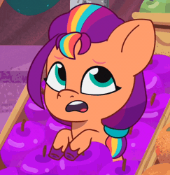 Size: 485x498 | Tagged: safe, screencap, sunny starscout, earth pony, pony, g5, my little pony: tell your tale, nightmare nightmarket, spoiler:g5, spoiler:my little pony: tell your tale, spoiler:tyts01e63, animated, baby, baby pony, cute, female, filly, filly sunny starscout, foal, food, fruit, gif, mane stripe sunny, raspberry, sunnybetes, tongue out, younger