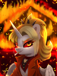 Size: 1800x2400 | Tagged: safe, artist:darksly, oc, oc only, oc:dyx, alicorn, earth pony, cigarette, clothes, commission, female, filly, fire, foal, high res, jacket, lidded eyes, looking at you, smiling, smiling at you, solo