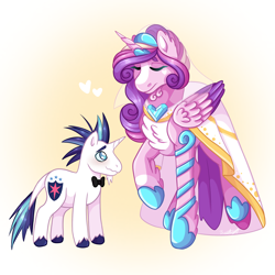 Size: 2000x2000 | Tagged: safe, artist:bunistxr, princess cadance, shining armor, alicorn, pony, unicorn, g4, 2024, blushing, bowtie, chest fluff, clothes, dress, duo, duo male and female, eyes closed, female, folded wings, height difference, hoof shoes, horn, larger female, leonine tail, male, mare, meme, messy mane, princess shoes, raised hoof, redraw, ship:shiningcadance, shipping, size difference, smaller male, smiling, stallion, straight, tail, the bride and the ugly ass groom, wavy mouth, wings