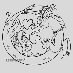 Size: 640x640 | Tagged: safe, artist:leshyleaf, discord, fluttershy, draconequus, pegasus, g4, female, heart, male, ship:discoshy, shipping, sketch, straight, tattoo design, watermark