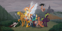 Size: 3000x1500 | Tagged: safe, artist:anastas, daybreaker, oc, oc:aegida, oc:flashfire, oc:hauffgeiser, oc:nox terrorem, oc:scarlet flair, oc:spoofee goods, oc:sun spear, alicorn, bat, earth pony, pegasus, pony, unicorn, armor, armored pony, bag, blushing, book, bottle, bush, castle, choker, clothes, cloud, cloudy, commission, detailed background, dollar sign, drugs, drunk, ear blush, ear piercing, ethereal mane, ethereal tail, eyelashes, female, floppy ears, flying, folded wings, forest, glasses, hangover, high res, horn, jewelry, lidded eyes, lying down, magic, male, mane of fire, mare, money, money bag, nature, necklace, piercing, prone, raised hoof, shield, sitting, smiling, spear, spiked choker, spirit, spread wings, stallion, standing, sternocleidomastoid, sword, tail, tree, upside down, wall of tags, weapon, wine bottle, wings