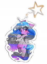 Size: 1504x2048 | Tagged: safe, artist:petaltwinkle, izzy moonbow, pony, unicorn, g5, eye clipping through hair, female, floppy ears, horn, keychain, looking at you, mare, simple background, smiling, smiling at you, solo, text, white background, wip