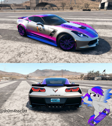 Size: 955x1080 | Tagged: safe, artist:jhayarr23, artist:snowy starshine, oc, oc only, oc:inkwell stylus, pegasus, pony, airfield, bipedal, car, chest fluff, chevrolet, chevrolet corvette, cute, game screencap, mountain, mountain range, need for speed, show accurate, skateboard, sky, smiling, spread wings, wings