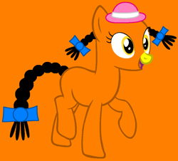 Size: 949x858 | Tagged: safe, artist:maxandchloe, artist:spitfirethepegasusfan39, earth pony, pony, g4, adult blank flank, base used, blank flank, bow, clothes, female, fickle, hair bow, hat, little miss, little miss fickle, mare, mr. men, mr. men little miss, open mouth, open smile, orange background, pigtails, plait, ponified, raised hoof, raised leg, simple background, smiling, solo, tail, tail bow, yellow nose