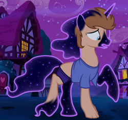Size: 1160x1086 | Tagged: safe, artist:anonymous, tantabus, human, do princesses dream of magic sheep, g4, /ptfg/, brown hair, clothes, human to tantabus, light skin, loose fitting clothes, mid-transformation, night, open mouth, outdoors, ponyville, raised hoof, shirt, show accurate, shrunken pupils, solo, transformation, underwear, worried