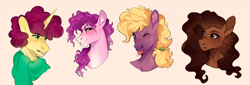 Size: 2804x948 | Tagged: safe, artist:traceofstardust, oc, oc only, oc:bread basket, oc:honeymoon appleslice, oc:ryegrass, oc:southern bravado, earth pony, pony, unicorn, blushing, bust, ear fluff, female, freckles, grin, horn, looking at you, male, mare, next generation, offspring, one eye closed, parent:applejack, parent:big macintosh, parent:sugar belle, parent:trouble shoes, parents:sugarmac, parents:troublejack, ponytail, portrait, smiling, stallion, tongue out, wink, winking at you