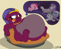 Size: 4000x3200 | Tagged: safe, artist:rupert, limestone pie, marble pie, maud pie, pinkie pie, the sphinx, earth pony, pony, sphinx, series:12 months of sphinxy, g4, behaving like a cat, belly, belly button, big belly, butt, cute, drool, egyptian, egyptian headdress, endosoma, eyes closed, fat, female, food, frown, lidded eyes, lying down, mare, missing accessory, non-fatal vore, on back, one eye closed, pale belly, pi day, pie, pie sisters, pie tin, pinkie prey, plot, prone, purring, siblings, signature, simple background, sisters, sphinxdorable, squishy, stomach, tongue out, vore