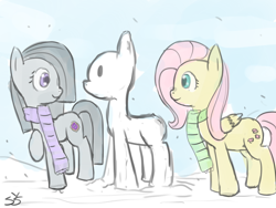 Size: 1100x825 | Tagged: dead source, safe, artist:speccysy, fluttershy, marble pie, earth pony, pegasus, pony, g4, clothes, duo, duo female, female, lesbian, mare, scarf, ship:marbleshy, shipping, smiling, snow, snowfall, snowpony