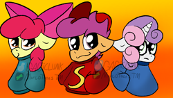 Size: 1600x900 | Tagged: safe, artist:gagiclunk, apple bloom, scootaloo, sweetie belle, earth pony, pegasus, pony, unicorn, g4, alvin and the chipmunks, clothes, crossover, cutie mark crusaders, gradient background, horn, joke, trio