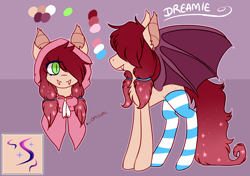 Size: 1700x1200 | Tagged: safe, artist:amiicommissions, oc, oc only, oc:dreamie, bat pony, pony, clothes, female, mare, reference sheet, socks, solo, striped socks