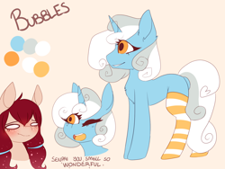 Size: 1600x1200 | Tagged: safe, artist:amiicommissions, oc, oc only, oc:bubbles, oc:dreamie, pony, unicorn, clothes, female, horn, mare, reference sheet, socks, striped socks