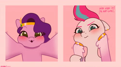 Size: 4480x2480 | Tagged: safe, artist:starburstuwu, pipp petals, zipp storm, pegasus, pony, g5, adorable face, adorapipp, adorazipp, blatant lies, blushing, colored hooves, cute, dialogue, duo, duo female, emanata, female, gold hooves, high res, hooves, human shoulders, i'm not cute, mare, no neck, offscreen character, pov, royal sisters (g5), siblings, sisters, squishy cheeks, unamused, unshorn fetlocks, weapons-grade cute, zipp storm is not amused