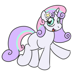 Size: 980x1005 | Tagged: safe, anonymous artist, artist:anonymous, sweetie belle, pony, unicorn, g4, /ptfg/, alternate design, alternate eye color, alternate hairstyle, alternate mane color, black outlines, blank flank, flower, flower in hair, horn, open mouth, open smile, simple background, smiling, solo, transparent background